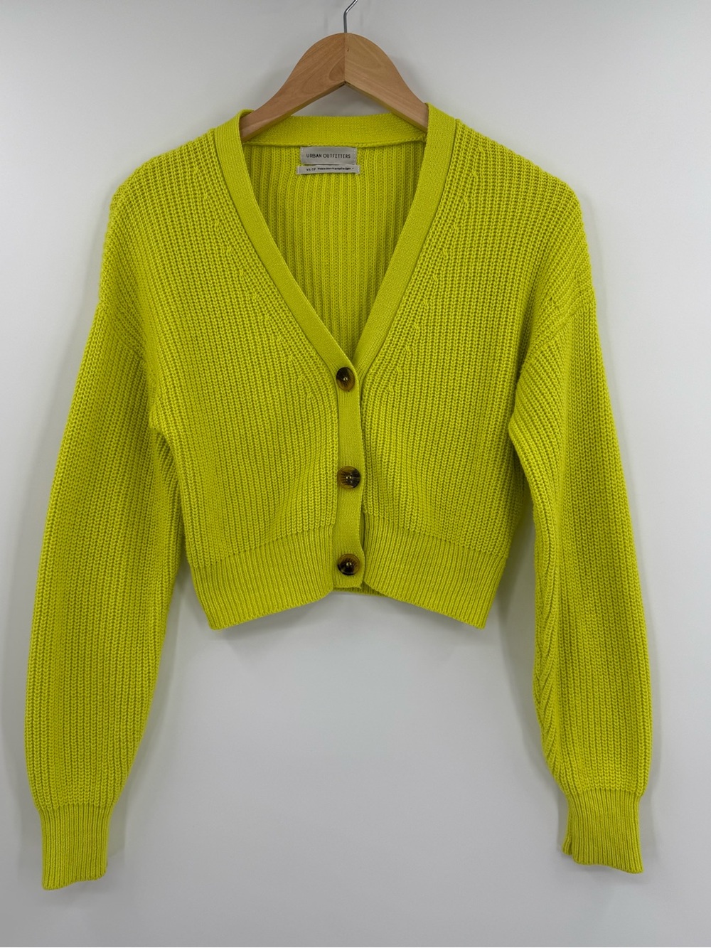 Urban Outfitters Kai Cropped Ribbed V Neck Cardigan | Neon Yellow | XS